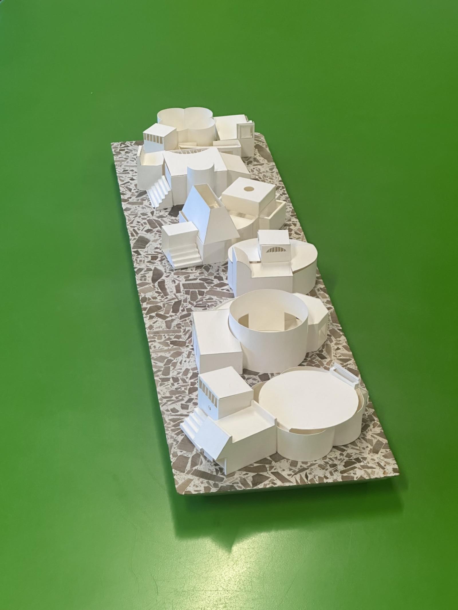 Paper sketch model designs for a theatre