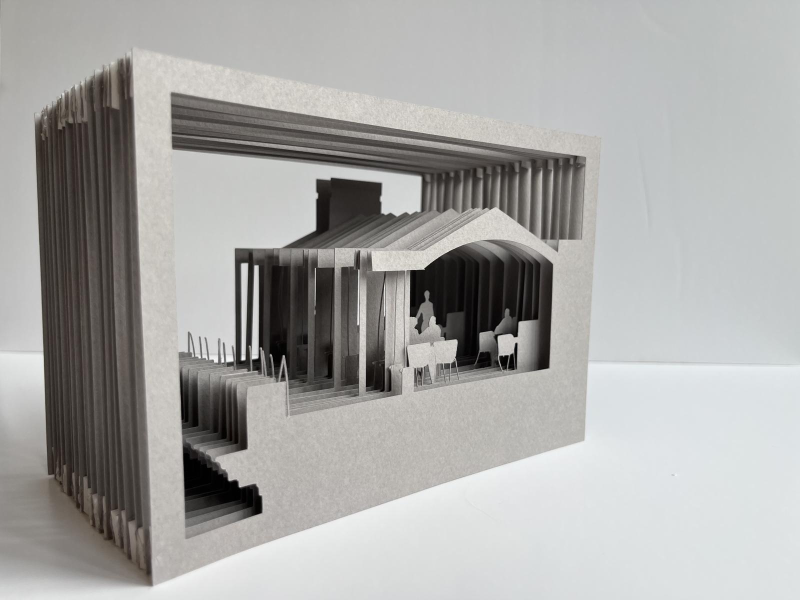 Haigh Hall 1:50 Concept Layered Model, 2025  
•	Produced during RIBA Stage 2 to explore form of the new roof terrace. 
•	Materials and techniques: The model was created using the Cricut Maker Machine with paper only.  
