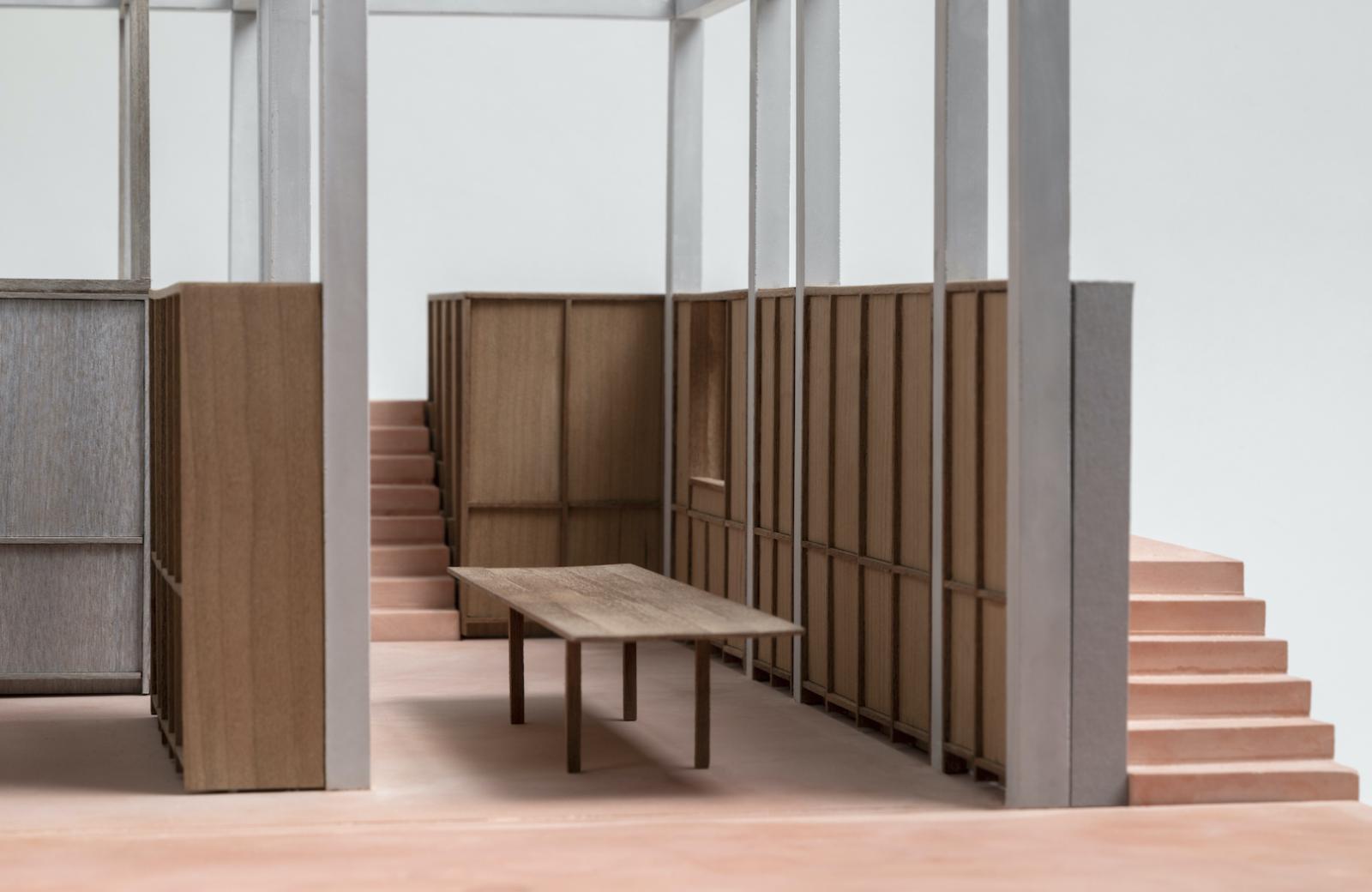 1.20 Interior of Alberon Gardens. Plaster cast, grey board, timber veneer.