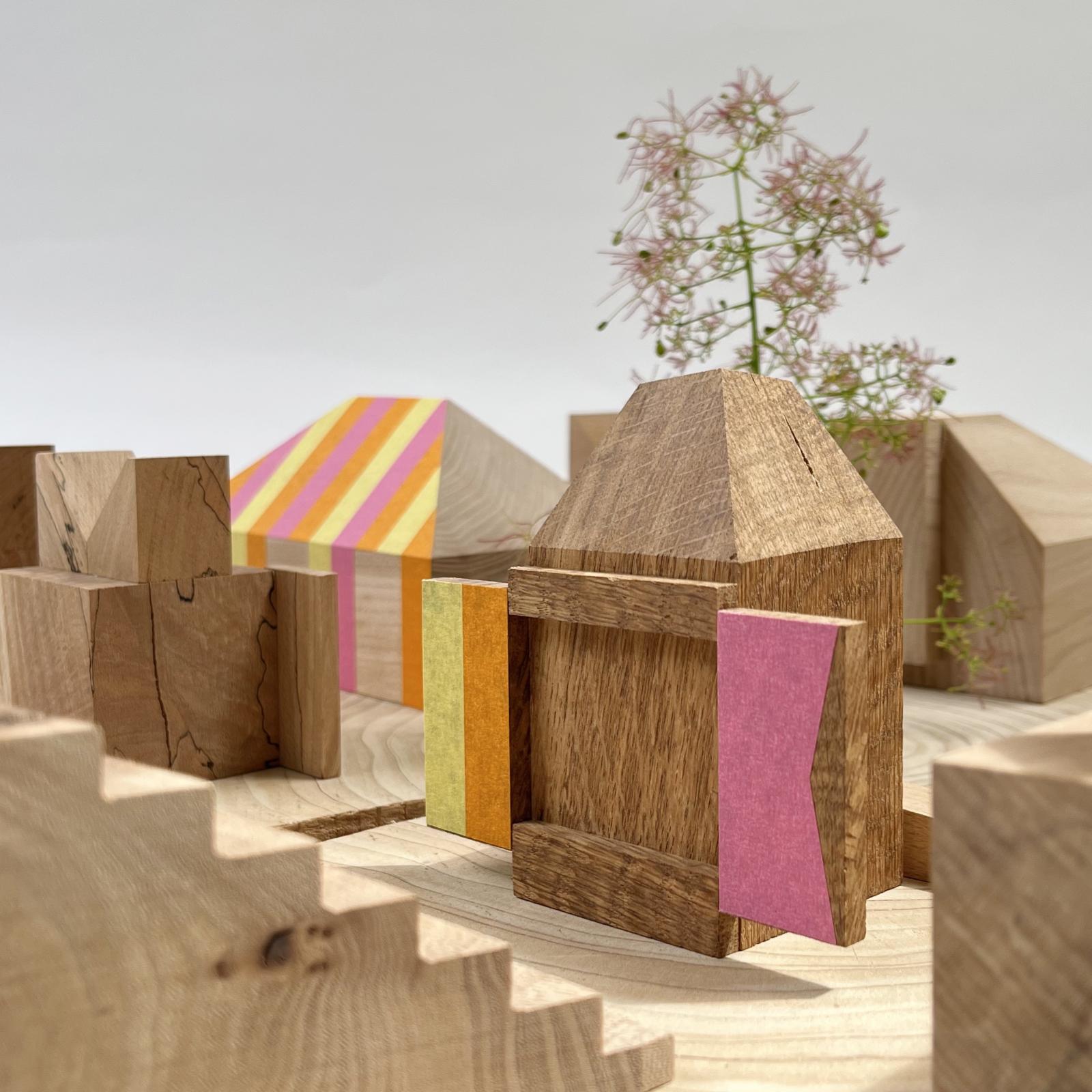 Festival Model @1:50 fictional town of follies - urban timber: oak, beech, ash blocks on pine tree cookie. [see also primary image]