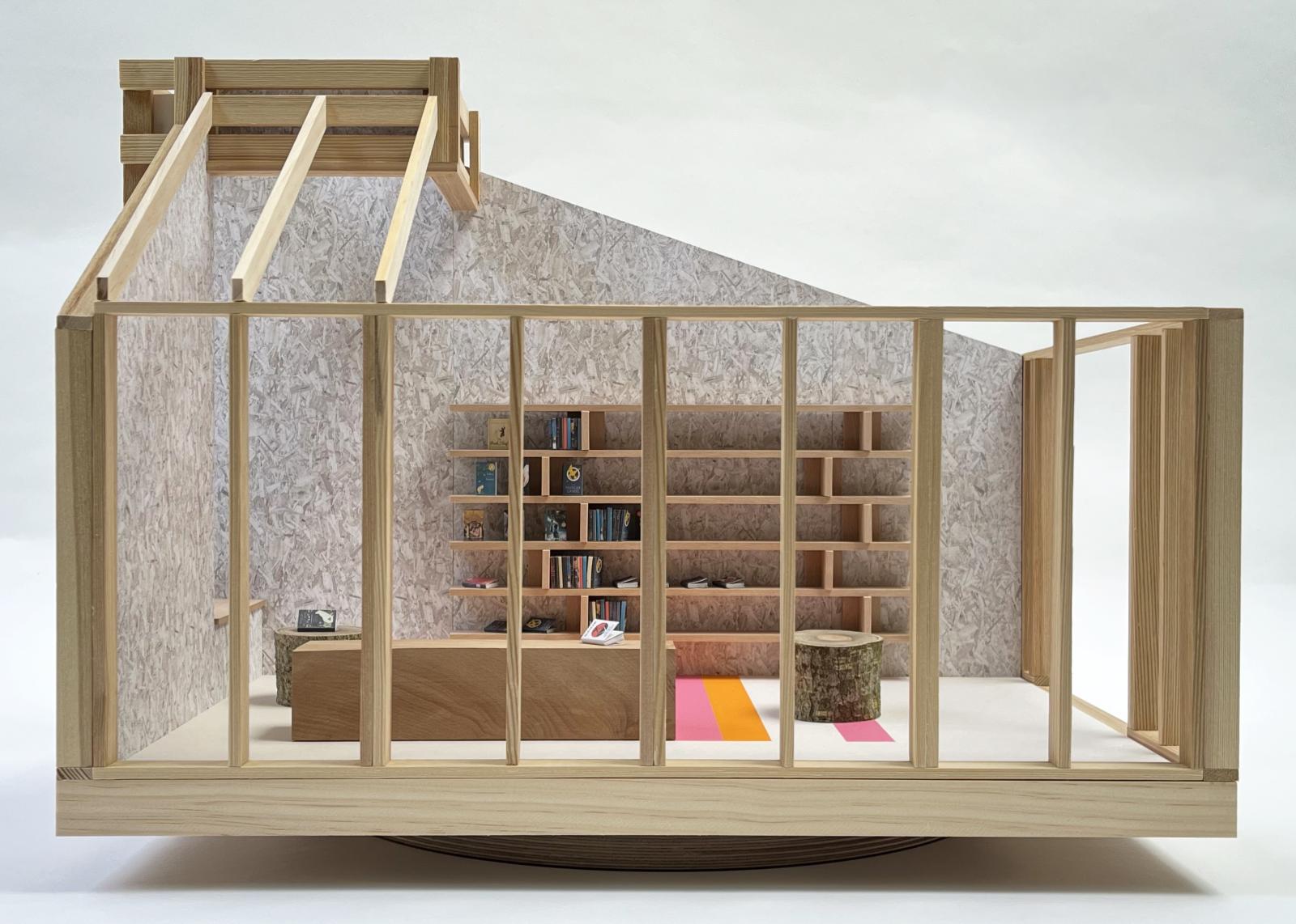 Book House Model @ 1:10 book exchange & reading room - urban timber, OSB Zero linings.