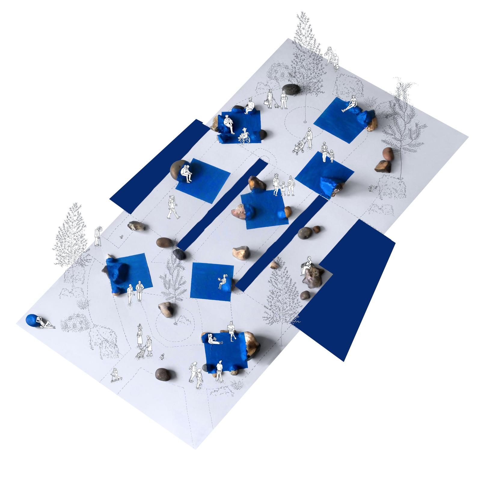 'Camden Highline Pocket Park', MDF, pebbles, acrylic paint + pen drawing