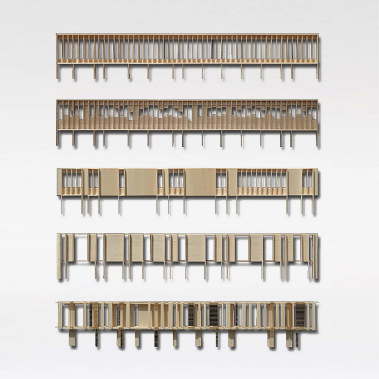 Project: Arboreal Platform, Low-impact timber rainforest center
Type: Facade study models
Scale: 1:100
Materials: Basswood