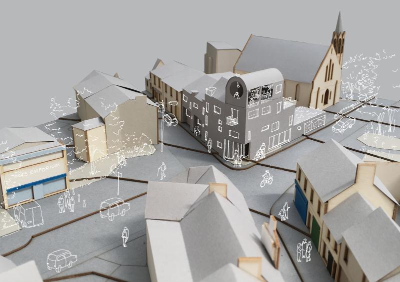 Mixed-use corner development_Beith Scotland_1:200 proposal model with superimposed handrawn illustration with Lee Ivett