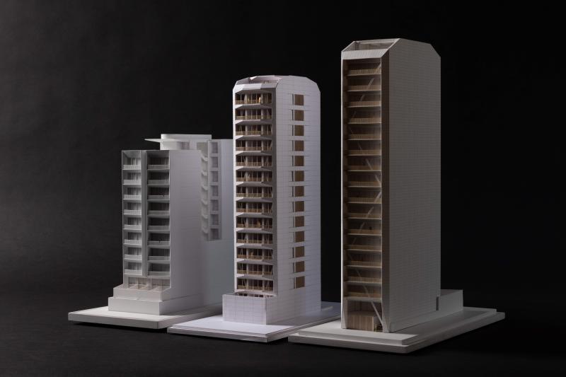 Reconstruction Buildings in México City: ⁠Av. México, La Morena, and Citlaltepetl
•⁠ ⁠Scale: 1:150
•⁠ ⁠Model type: Office archive and collection
•⁠ ⁠Materials: Cardboard, trivicel, and spray paint

