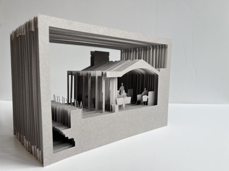 Haigh Hall 1:50 Concept Layered Model, 2025  
•	Produced during RIBA Stage 2 to explore form of the new roof terrace. 
•	Materials and techniques: The model was created using the Cricut Maker Machine with paper only.  
