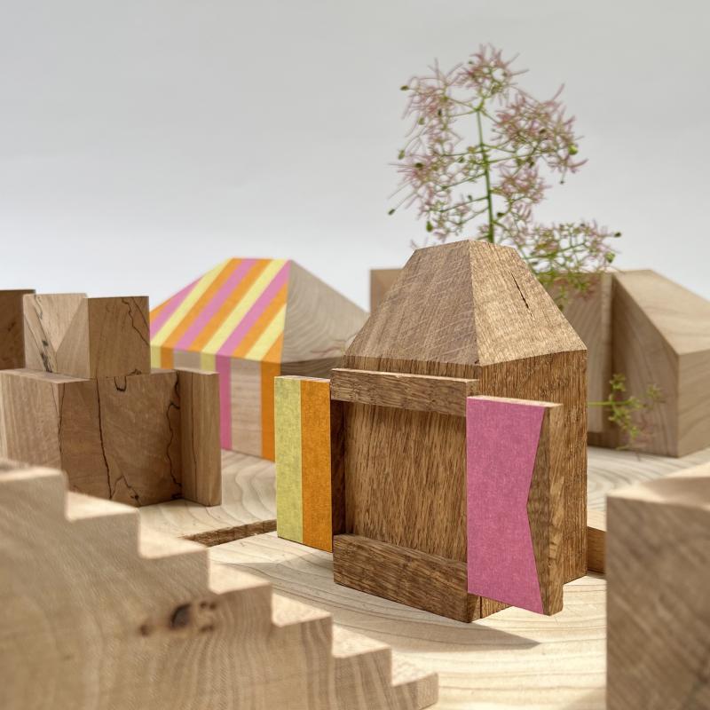 Festival Model @1:50 fictional town of follies - urban timber: oak, beech, ash blocks on pine tree cookie. [see also primary image]