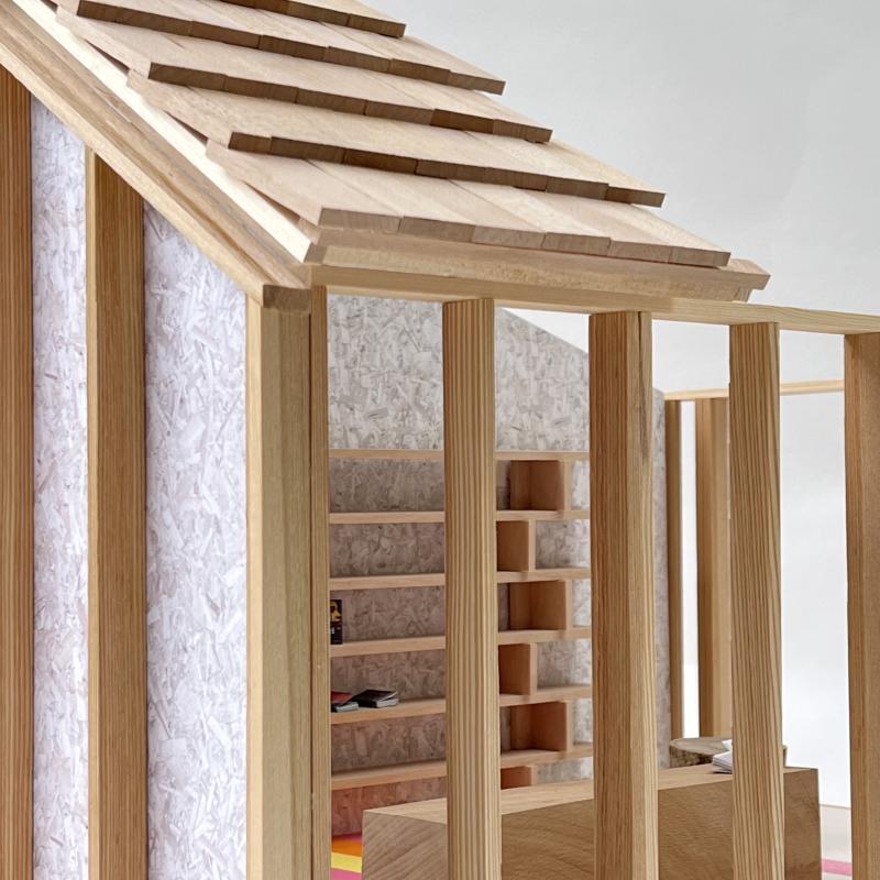 Book House Detail @ 1:10 book exchange & reading room - urban timber, OSB Zero linings & shingles cladding.