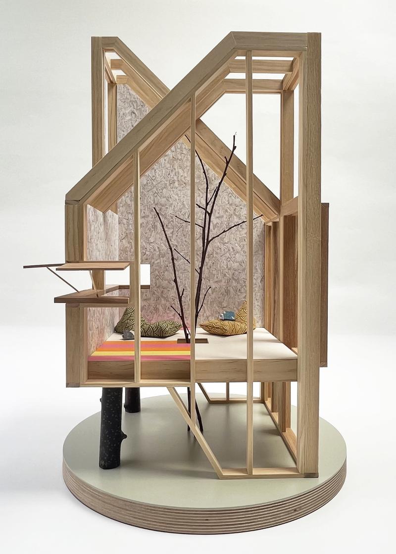 Tree Den Model @ 1:10 elevated den space with living tree - urban timber, shutter detail, OSB Zero linings.