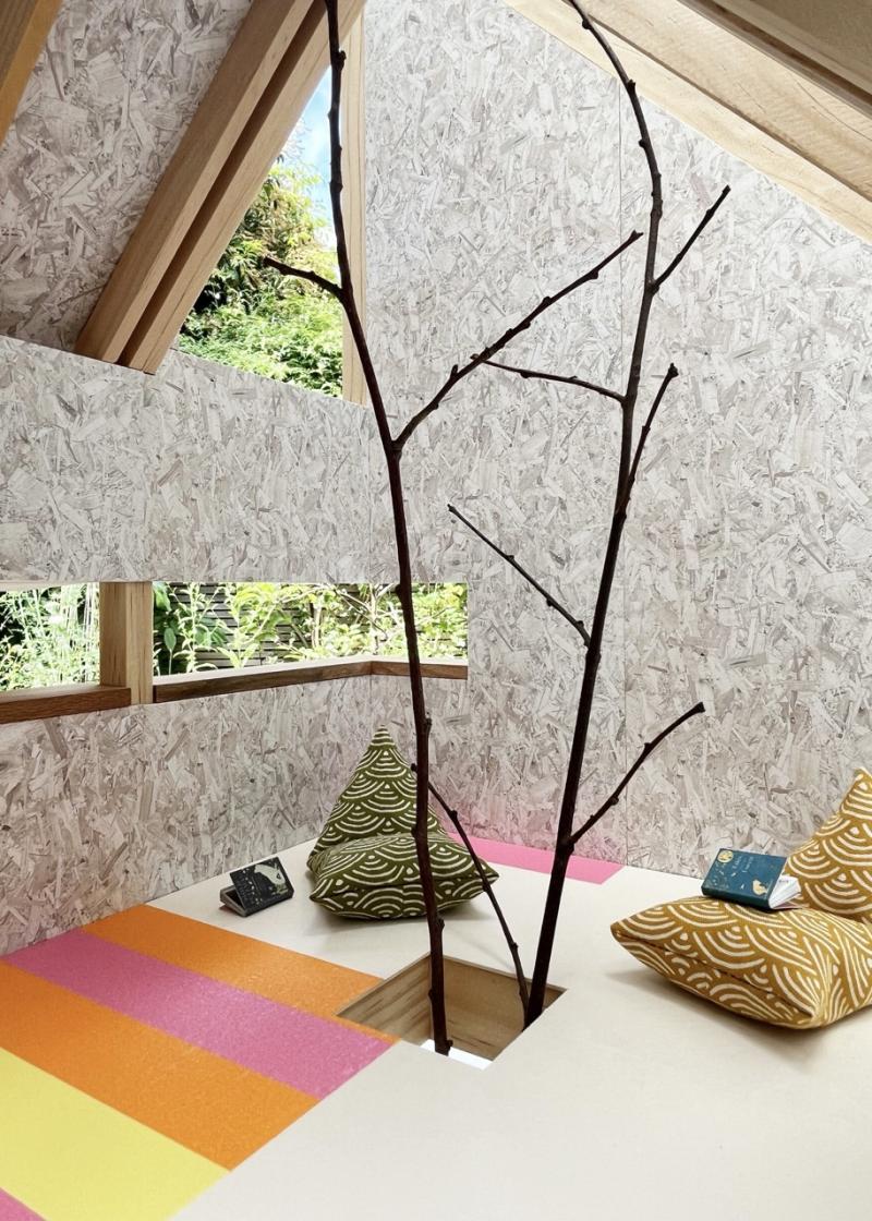 Tree Den Interior @ 1:10 elevated den space with living tree - urban timber, shutter detail, OSB Zero linings.