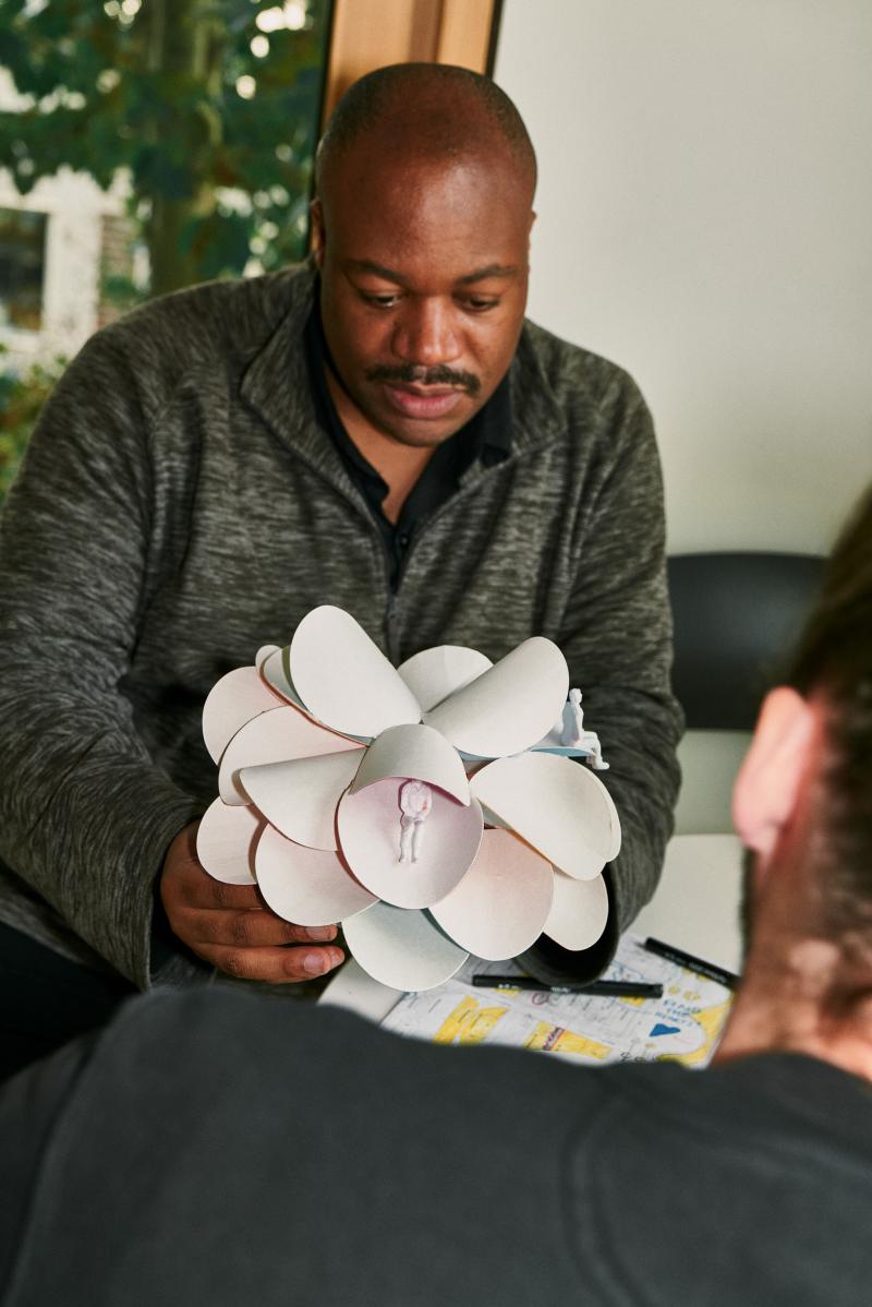 Steve McCloy + Bongani Muchemwa inspect models in the studio, photo by Kane Hulse